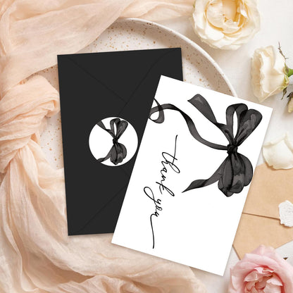 Whaline 24 Pcs Black Bow Thank You Cards with Envelopes and Stickers Watercolor Bow Greeting Cards Black Blank Note Card for Halloween Party Supplies