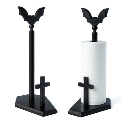 Kihomi Bat Paper Towel Holder with Suction Cups - Black Wooden Coffin Paper Roll Holder, Gothic Kitchen and Bathroom Accessory, Halloween Decor, Spooky Rustic Table and Witchy Gifts for Women (Bat)