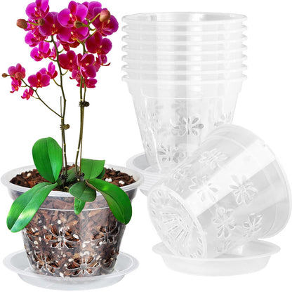 Blumiger Orchid Pot, 8 Pack 6 inch Orchid Pots with Holes & Saucers, Clear Plastic Pot for Repotting, Breathable Ventilation Planters for Phalaenopsis, Dendrobium & Oncidium Orchids