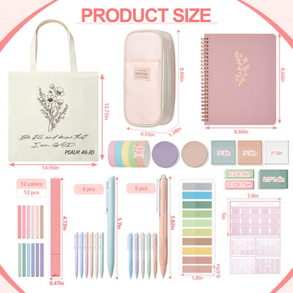 Jutom 110 Pcs Bible Study Supplies Bible Journaling Kit with Canvas Tote Bag Pen Case Notebook Highlighters Pen Sticky Note Tabs Page Markers Stickers Tape for Women Christian Christmas Gift(Pink)