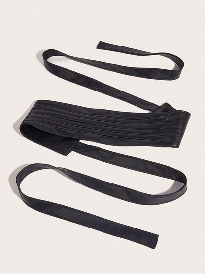 Fuimsul Women Elegant Pu Leather Obi Belt Fashion Solid Color Faux Leather Wide Waistband Tie Knotted Belt for Dress (Black)