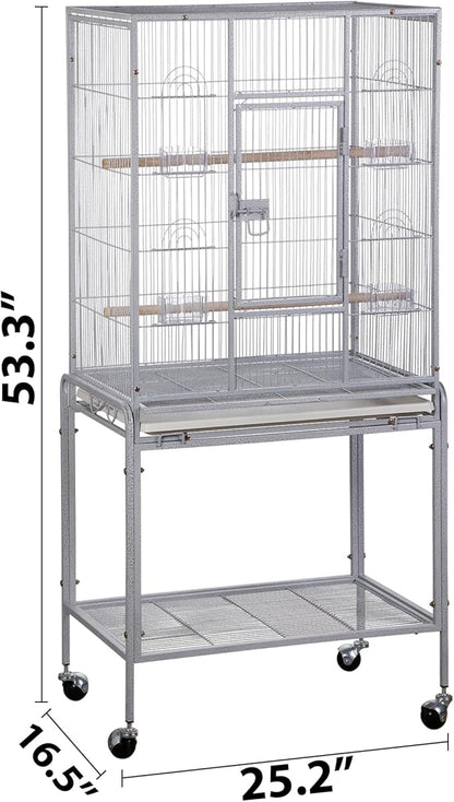 53 Inch Height Wrought Iron Standing Parrot Large Flight Bird Cage with Rolling Stand Birdcages for Parakeet Cockatiel Conure Lovebird Finch, White