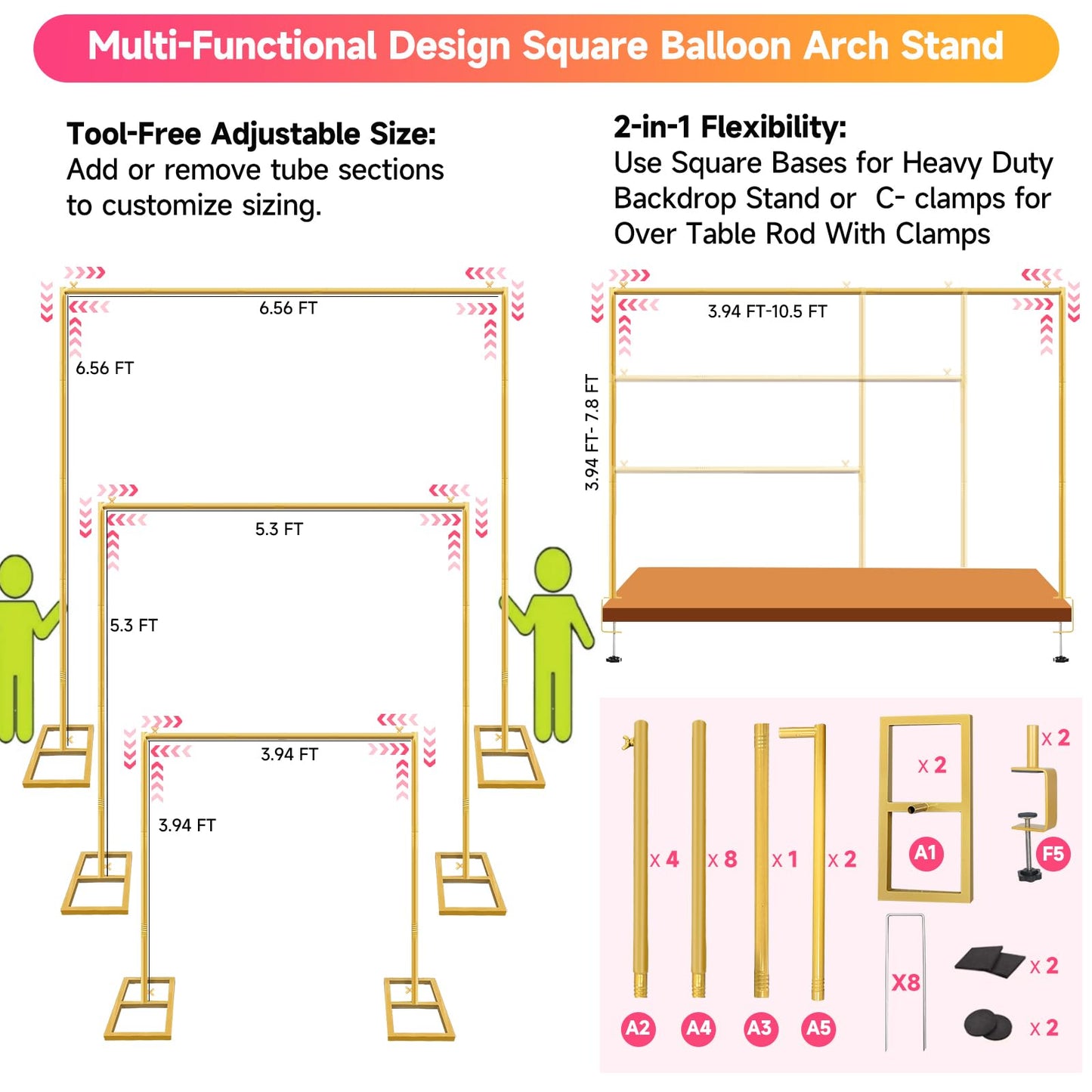 JEBUTU Square Backdrop Stand, Wedding Arch Heavy Duty Adjustable Stand, Over The Table Rod Stand with Clamps, Metal Gold Garden Balloon Frame for Baby Shower Party Decoration