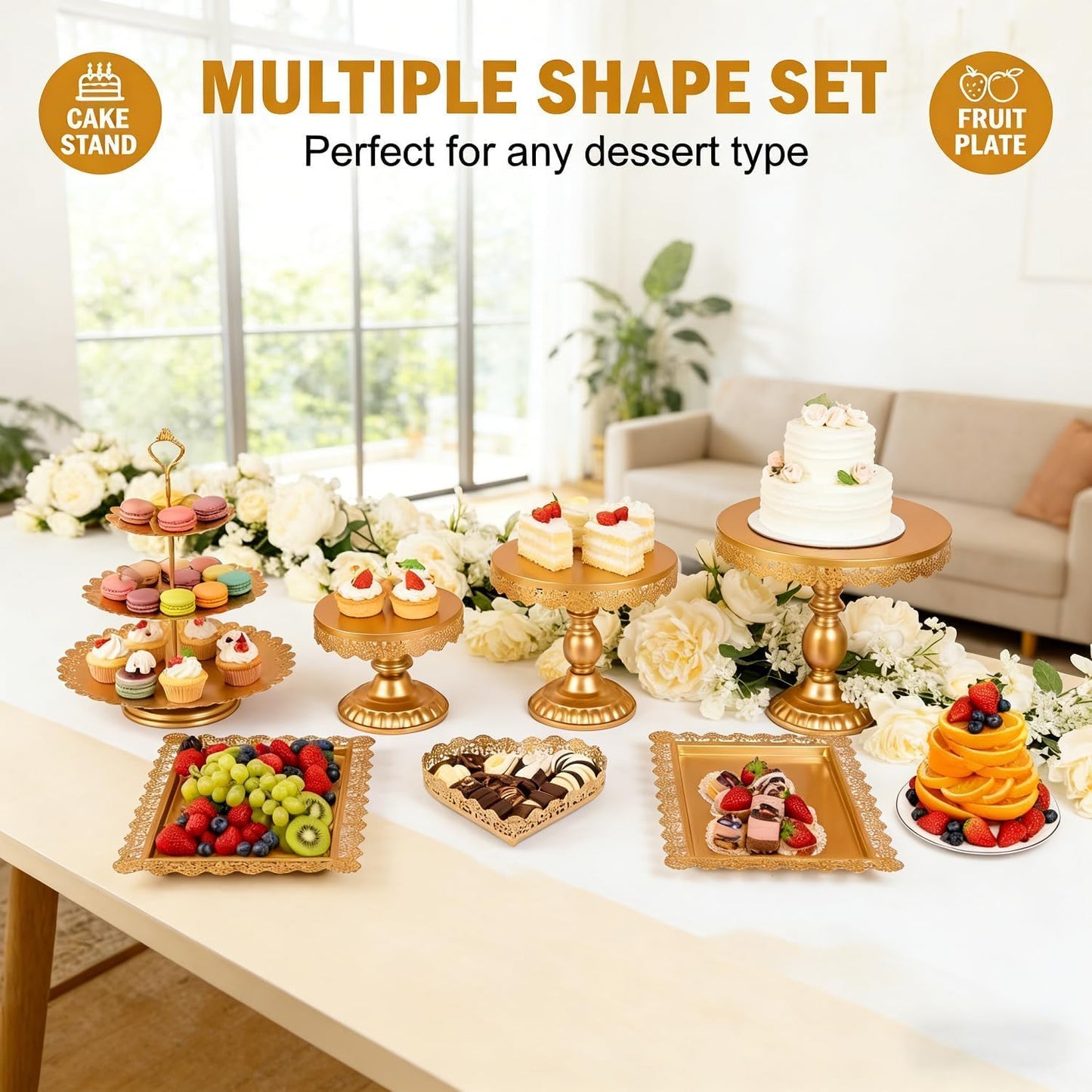 Jaevorite 12 Set of Gold Cake Stand, Metal Gold Cupcake Stand and Bases para Postres de Mesa, Elegant Gold Dessert Stands for Party and Wedding, Easy to Clean Desert Table Display Set