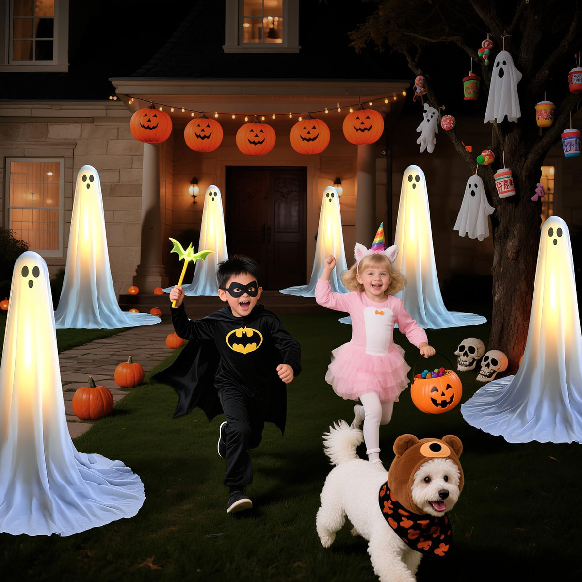 Evoio Halloween Decorations Outdoor 2 Packs 57'' Standing Ghost Adjustable Height, Light Up Spooky Halloween Decor with Built-in LED, Indoor Outside Yard Porch Lawn Party Supplies Decors