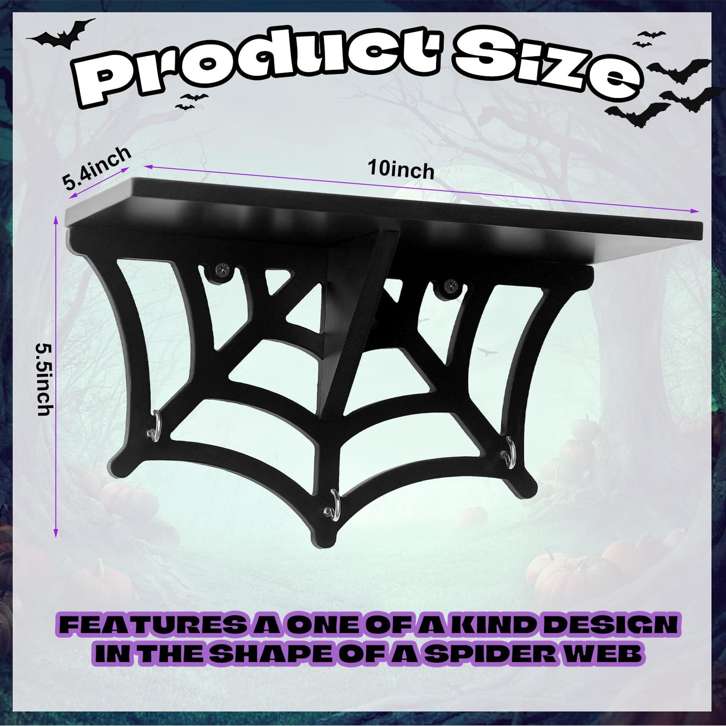 2 Pcs Halloween Spider Web Shelf Goth Room Decor Wood Spooky Gothic Wall Floating Shelves with Hooks Black Hanging Gothic Decor for Halloween Bedroom Home Kitchen Party Oddities Curiosities Display