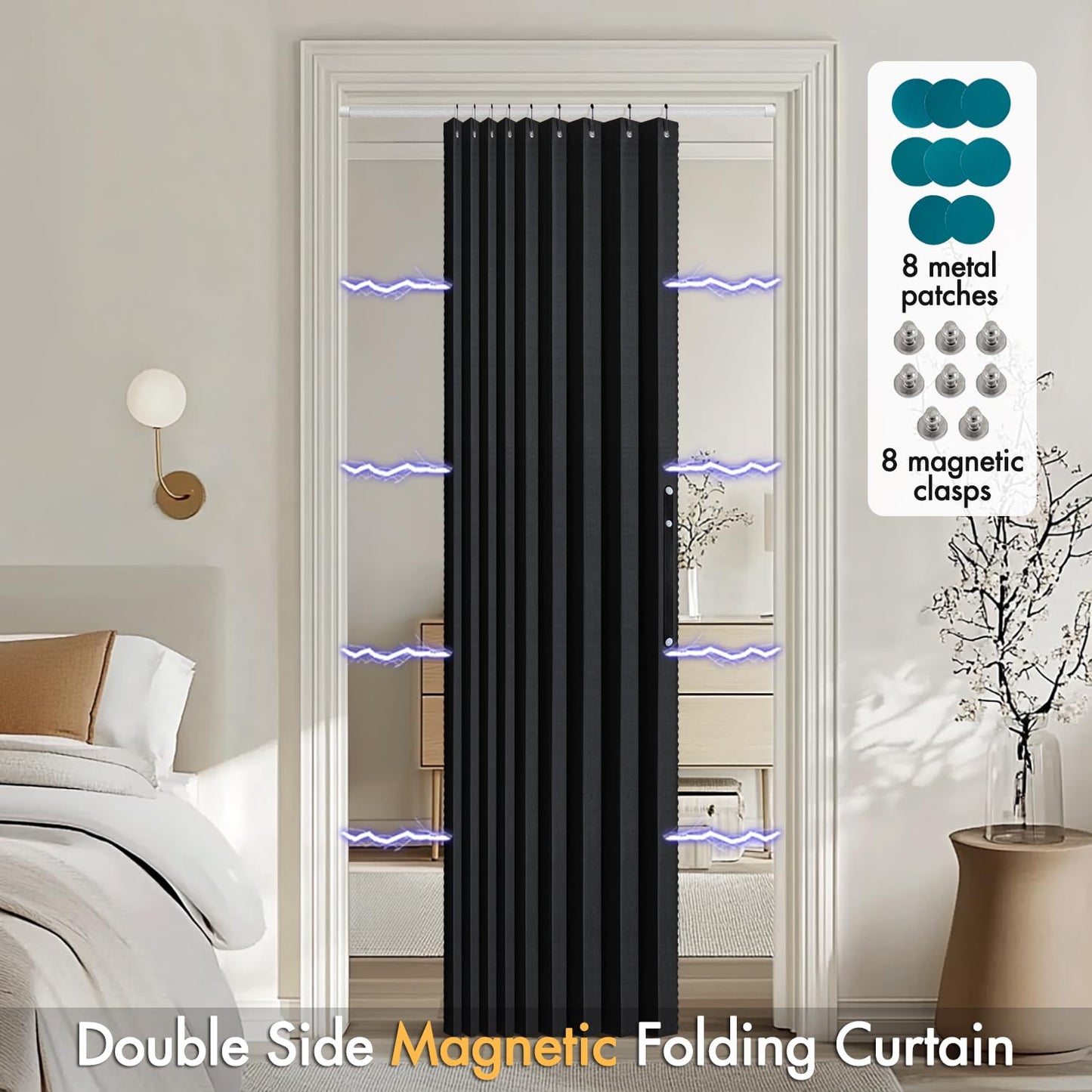 MIULEE Halloween Accordion Style Magnetic Folding Door Curtains for Doorways/Closet, Room Divider Pleated Drapes with Hooks for Interior Living Room/Open Closet, Black, W42 x L78 inches, 1 Panel