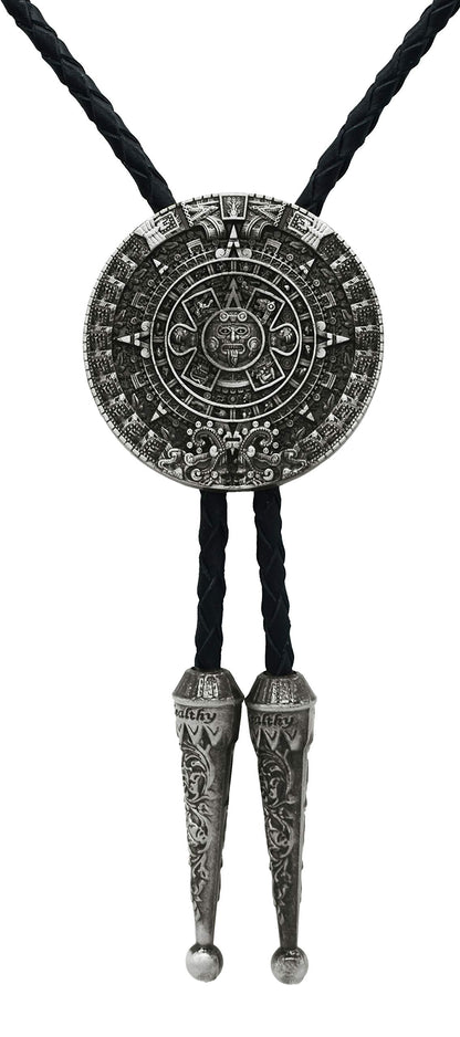 Moranse Bolo tie With Pewter Aztec Calendar Circle Design Cowboy Two Colors (Silver)