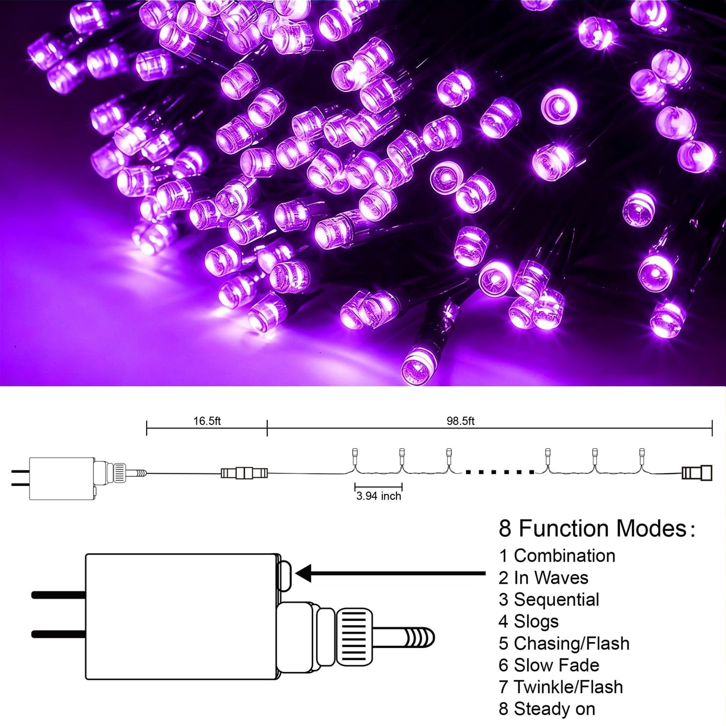 300 LED Halloween Lights, 98.5FT Halloween String Lights with 8 Lighting Modes, Waterproof & Connectable Mini Light, Plug in for Indoor Outdoor Holiday Christmas Party Bedroom Decorations (Purple)