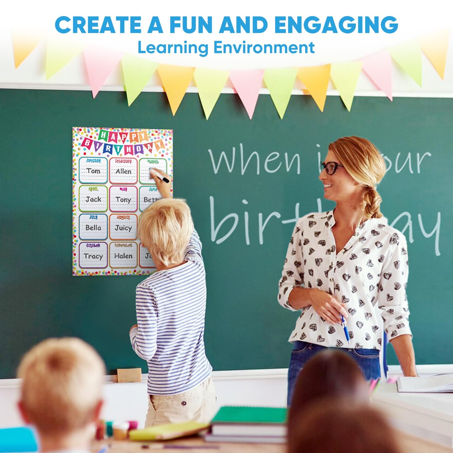 FaCraft Birthday Chart Poster for Classroom - Reusable Laminated 16.5" x 12" Happy Birthday Calendar for Bulletin Board Decoration Confetti Back to School Teacher Supplies for Elementary & Preschool