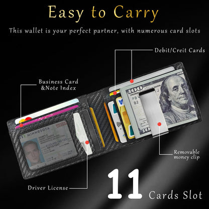 TOPFORGES RFID Wallet for Men with Money Clip (Removable) Slim Mens Wallet Carbon Fiber Front Pocket Minimalist Cash Card Holder Fits 11 Cards ID Window Includes Gift Box(Black