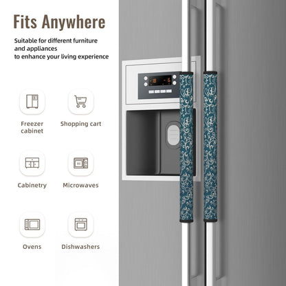 Non Slip Refrigerator Handle Covers 2pcs ,Neoprene Refrigerator Door Handle Covers For Fridge, Oven, Dishwasher & Microwave, Decorative Kitchen Appliance Handle Covers,Baroque Scrollwork Peacock Blue