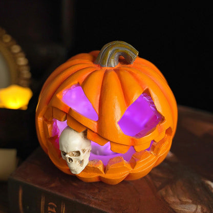 Resin Thanksgiving Day Pumpkin Lantern Skull Figurines with LED Lights, Spooky Jack O' Lantern Statue for Indoor & Outdoor Halloween Decor, Table Centerpiece for Living Room, Bedroom, Party, Yard