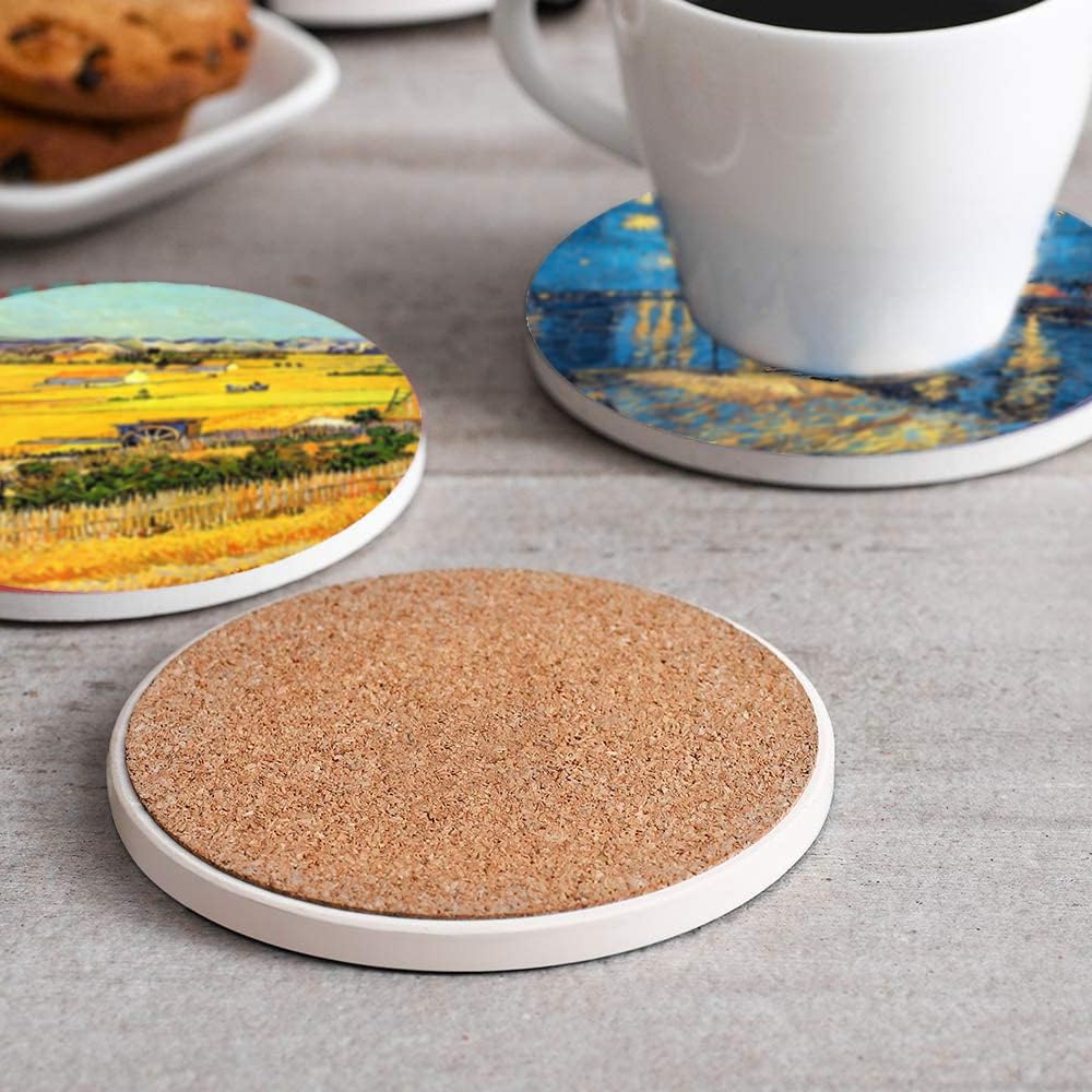 Heideryafei 4 Inch Round Marble Coasters, Van Gogh Art Painting Style Beverage Coasters with Storage Rack 8-Piece Set