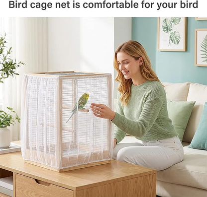 White Bird Cage Seed Catcher, Universal Bird Cage Seed Catcher Adjustable Soft Airy Nylon Mesh Net Lightweight Mesh Skirt for Parrot Cages Stops Scatter Round Square Cages