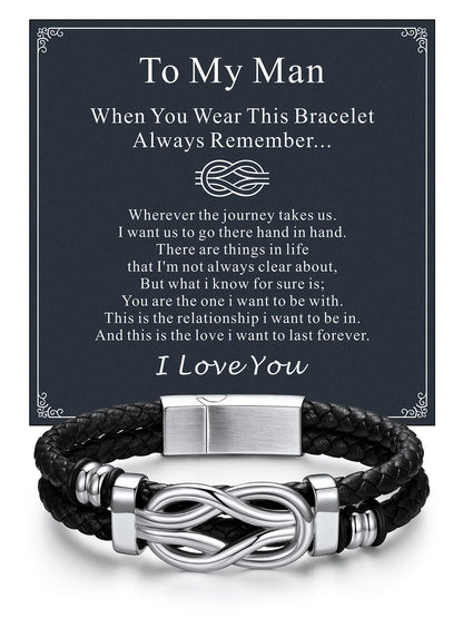 ChainsHouse Mens Leather Bracelet Idea Gift for Man Square Infinity Love Knot Braided Beaded Leather Cuff Bracelet 8.3 Inches Birthday Gifts for Men