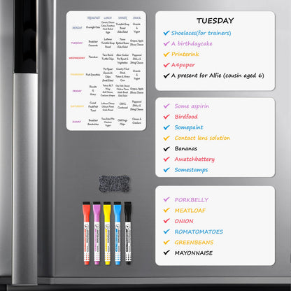 Magnetic Whiteboard for Fridge, 4-Pack Dry Erase Boards (12×8 in) with 5 Markers & Eraser, Strong Magnet & Stain-Resistant Surface, Reusable Message Board for Fridge, Family Planner & Kitchen Notes