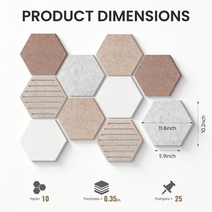 Hexagon Cork Bulletin Board Tiles, 10 Pack Felt Board with 25 Push Pins, Photo Display Board for Office & Home Classroom Wall Decor, 11.8x10.2 Inches
