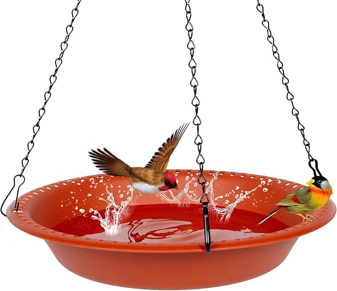 Hanging Bird Bath for Outdoors Heavy Duty, 12 inch BirdBath Bowl Only with Rust-Proof Black Chains, Hanging Bird Feeder for Garden Backyard Decor (Terracotta 1 Pack)