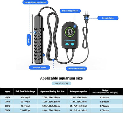 200W Submersible Fish Tank Heater for 20-40 Gallon with Auto Shut-Off When Leaving Water—Aquarium Heater, Dry-Burn & Overheat Protection, Smart LED Display for Freshwater Saltwater Turtle