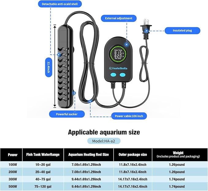 100W Submersible Fish Tank Heater for 10-20 Gallon with Auto Shut-Off When Leaving Water—Aquarium Heater, Dry-Burn & Overheat Protection, Smart LED Display for Betta Freshwater Saltwater