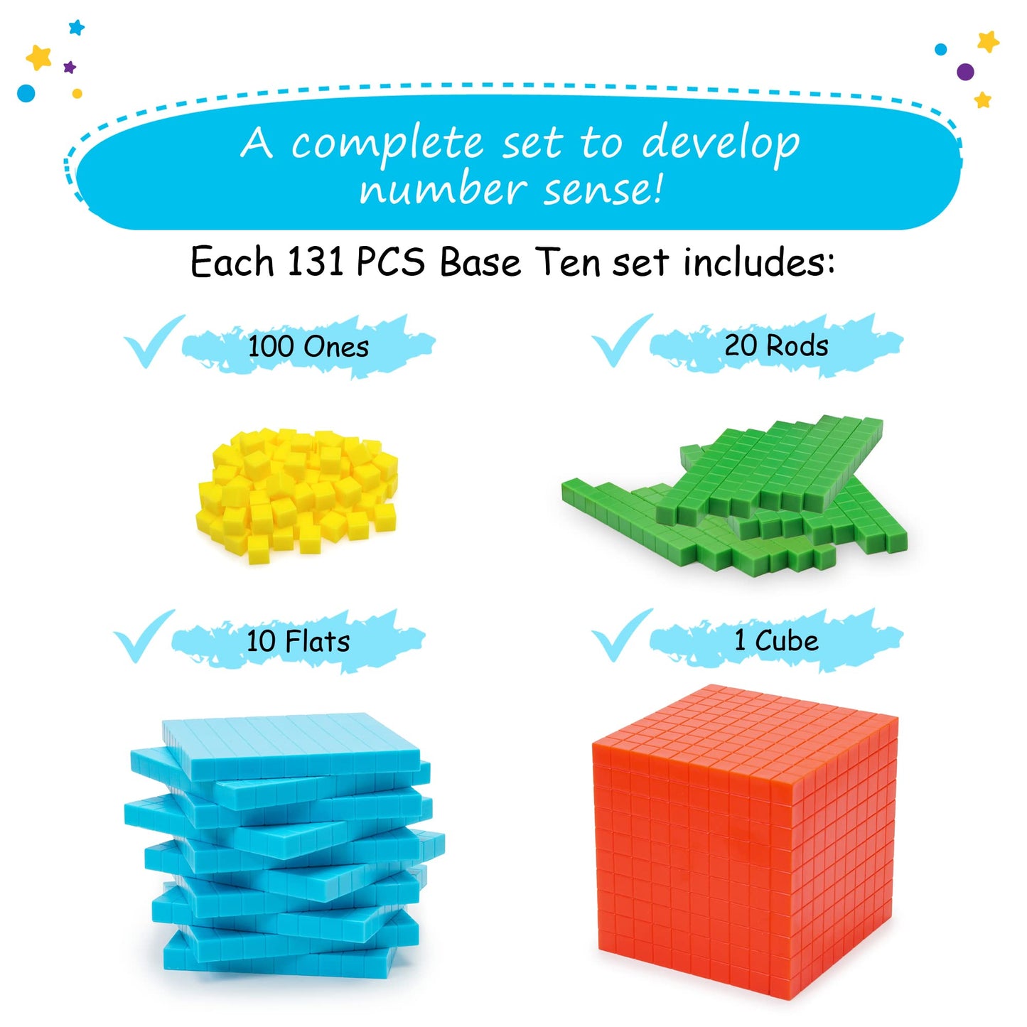 Simply magic 140+1 PCS Colorful Base Ten Blocks & Activities Set & 131 PCS Base Ten Blocks for Math