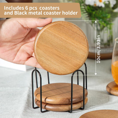 HALE OTEIR Acacia Wood Round Coasters Set of 6 with Holder, 3.93 Inch Rustic Wood Coasters with Smooth Rounded Edge for Mugs, Glasses, Coffee & Wine, Perfect for Home, Office or Christmas