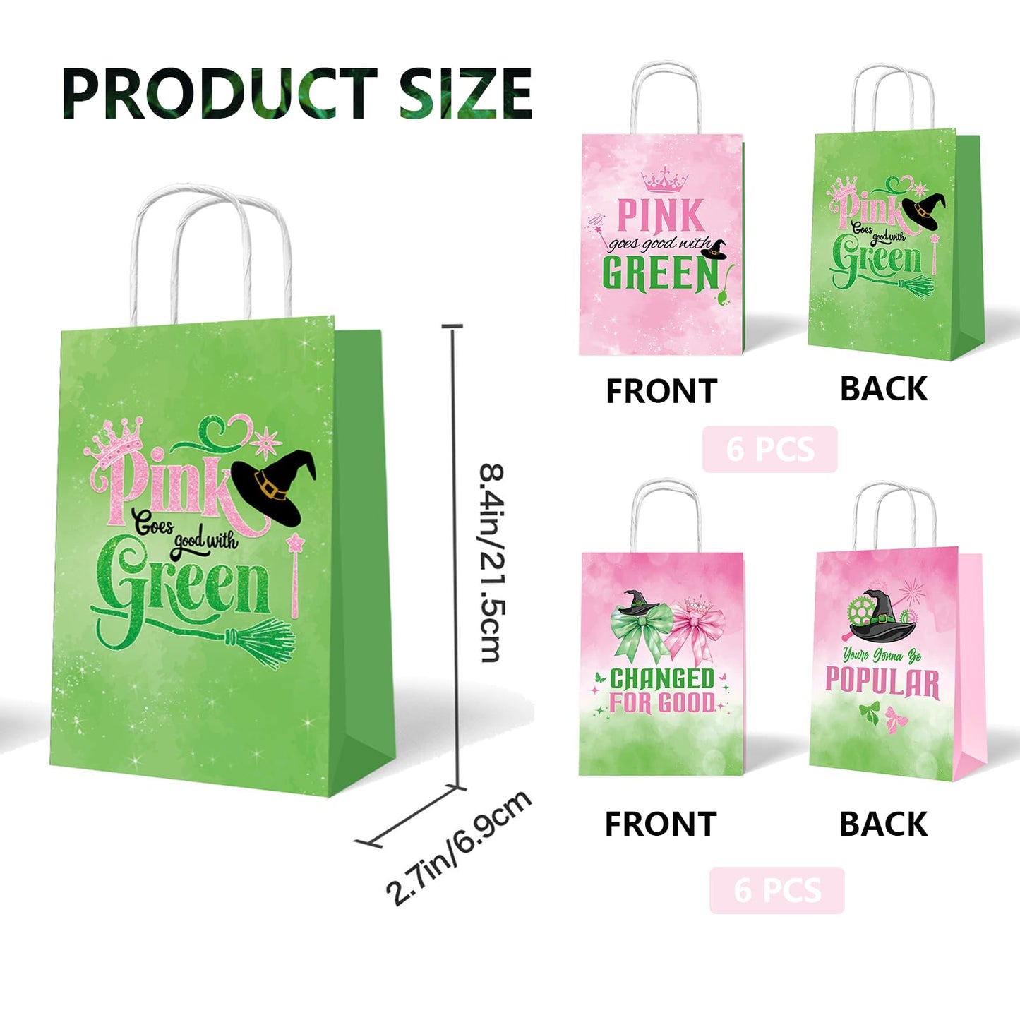 ACUDUDOMA Witch Party Gift Bags 12 Pack, Pink and Green Double-Sided Paper Treat Bags with Handle for Birthday Party Decorations, Princess Theme Halloween Favors & Friendship Exchange Gifts