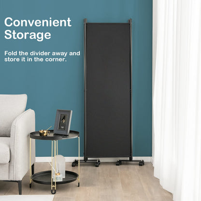 LDAILY 4 Panels Folding Room Divider, 6FT Tall Fabric Privacy Screen w/Metal Frame, Freestanding Partition Wall Divider w/Rolling Wheels for Bedroom, Dining Room, Office, Hospital (Black, 4-Panel)
