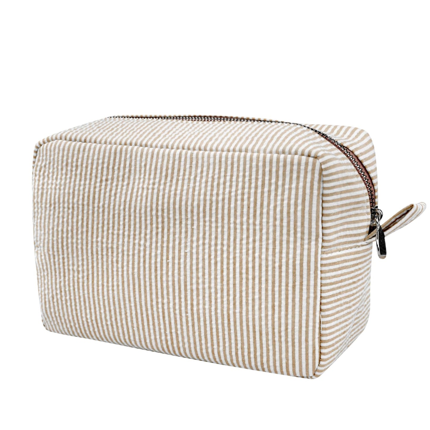GFU Cosmetic Bags for Women, Seersucker Cosmetic Bag, Travel Toiletry Stripe Makeup Bag, Large Women Aesthetic Organizer Storage Pouch, Girls Handbags Purses, brown