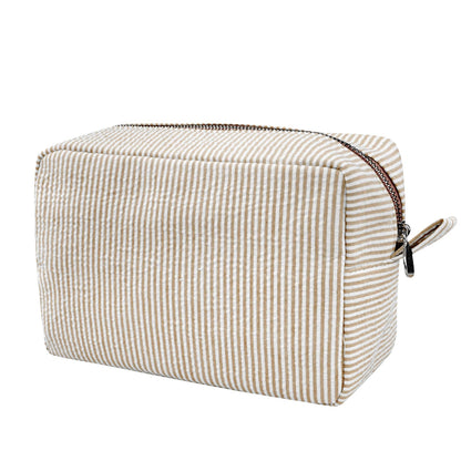 GFU Cosmetic Bags for Women, Seersucker Cosmetic Bag, Travel Toiletry Stripe Makeup Bag, Large Women Aesthetic Organizer Storage Pouch, Girls Handbags Purses, brown