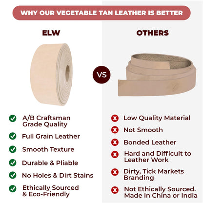 ELW Leather Strap, 7-8 Oz, 1.5 inch Wide x 40", Cowhide Veg Tan Leather Belt Blank, Leather Strips, Tooling Leather, Tan Straps for Crafts, Belt Making & Crafting Blank Hide