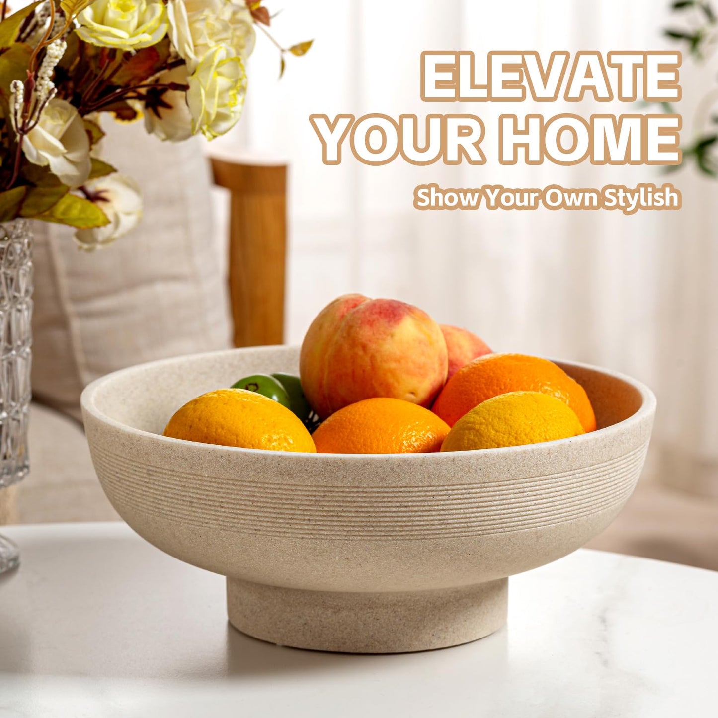 WUUAHOME Large Decorative Fruit Bowl for Kitchen Counter, Sandstone Look Modern Minimalist Snack Candy Bowl for Table Centerpiece Decor, Home, Office, Hotel, Entryway (Beige)