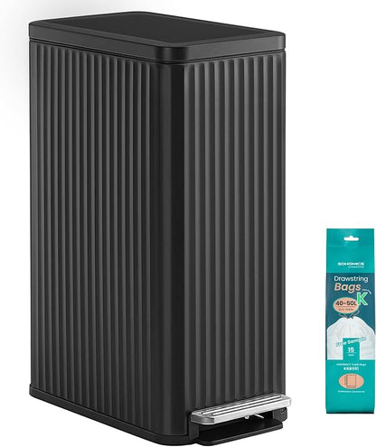 SONGMICS Trash Can, 13 Gallon (50 L) Slim Garbage Can for Kitchen, with Soft-Close Lid, Pedal, Removable Inner Bucket, Stainless Steel, 15 Trash Bags, Space-Saving, Ink Black ULTB350BZ01
