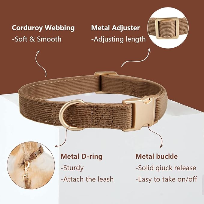 Soft Corduroy Dog Collar and Leash Set Adjustable Durable Dog Collars with Metal Buckle and Lead for Medium Dogs,Brown