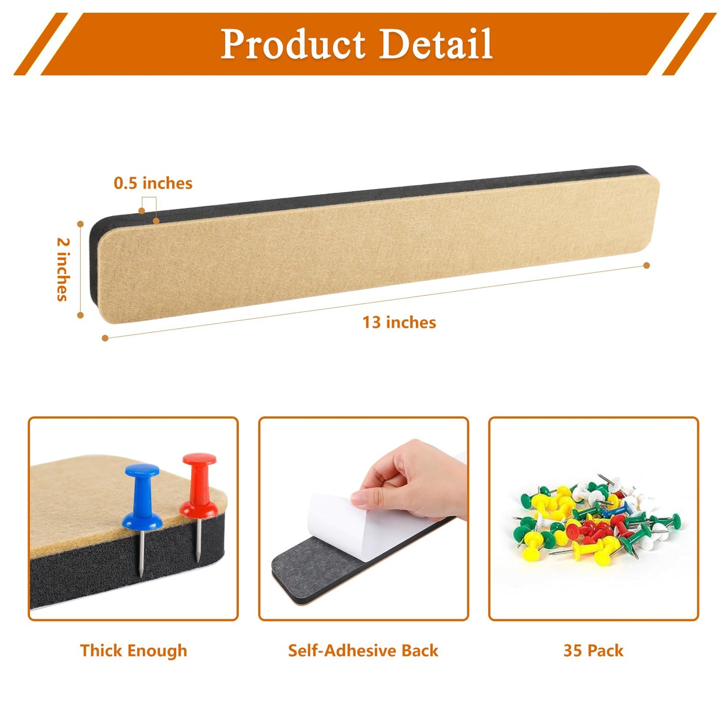 HULAVO 8Pcs Rectangle Felt Cork Board Bar Strips with 35 Pushpins, Self-Adhesive Bulletin Board Strips for Office School Home Wall Decor Stickers Memos Schedules Photos Display -Gradual Red