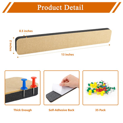 HULAVO 8Pcs Rectangle Felt Cork Board Bar Strips with 35 Pushpins, Self-Adhesive Bulletin Board Strips for Office School Home Wall Decor Stickers Memos Schedules Photos Display -Gradual Brown