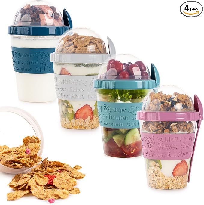 4-Pack Reusable Parfait Cups with Lids & Built-In Spoons - BPA-Free Dual-Compartment Containers for Oatmeal, Granola, Breakfast, Gym, and Travel - Leakproof & Dishwasher Safe - (20 oz)