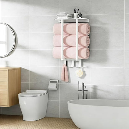 Towel Rack with Shelf and 3 Hooks, Bethom Towel Holders for Bathroom Wall Mounted, Metal White Towel Racks can Hold 3 Large Bath Sheets Blanket
