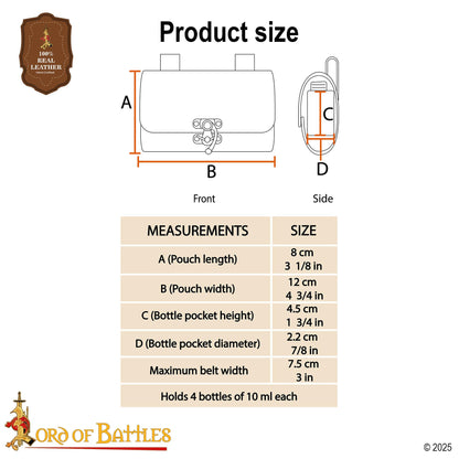 Lord of Battles Medieval Alchemy Buff Leather Belt Bag with 4 Mini Glass Bottles | The Elfic Potion Vintage Belt Waist Pouch Side Pack for Ren Faire, Cosplay (Maroon)