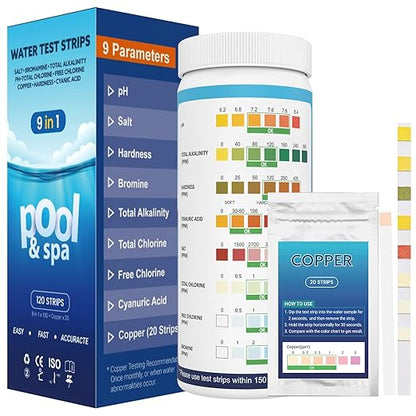 9 in 1 Pool Test Strips, 120 Total Strips, 100 8-Way Water Test Strips + 20 Copper Test Strips, Test pH, Salt, Hardness, Bromine, Alkalinity, Chlorine, Chlorine, Cyanuric Acid and Copper