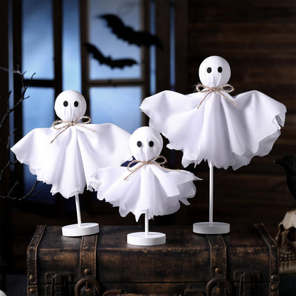 Yousoontic Ghosts Decorations Indoor Set of 3 Primitive Ghosts on Wooden Stand Farmhouse Rustic Table Decor Ghost Stand for Centerpieces Shelves Mantels Tiered Trays Home