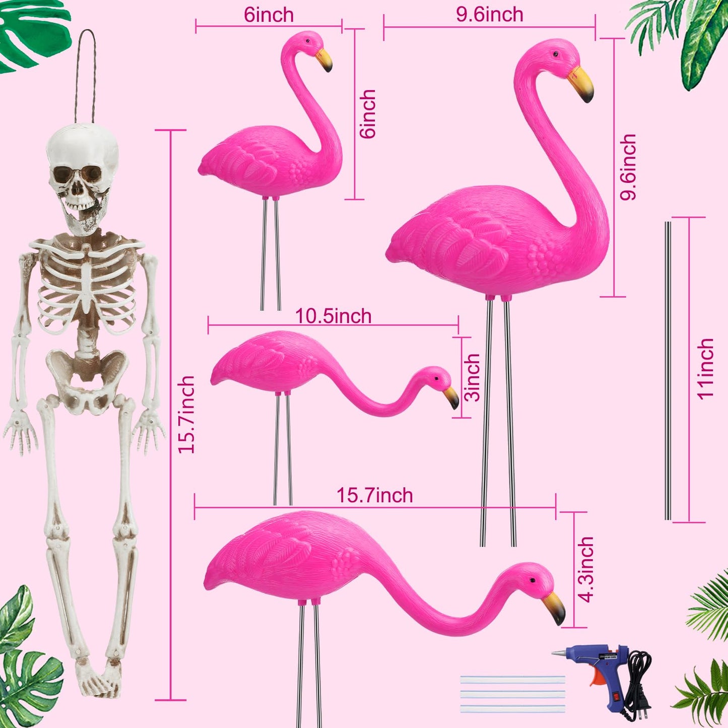 Simgoing 8 Pcs Halloween Skeleton Flamingo Decoration Outdoor Yard Ornament 15.7" Plastic Skeleton Decor with Posable Legs Flamingo Statue Decor for Yard Garden Lawn(Pink,M,Classic)