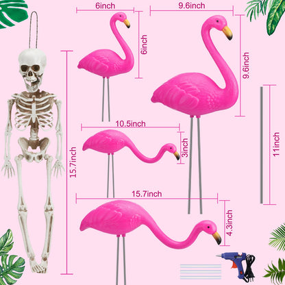 Simgoing 8 Pcs Halloween Skeleton Flamingo Decoration Outdoor Yard Ornament 15.7" Plastic Skeleton Decor with Posable Legs Flamingo Statue Decor for Yard Garden Lawn(Pink,M,Classic)