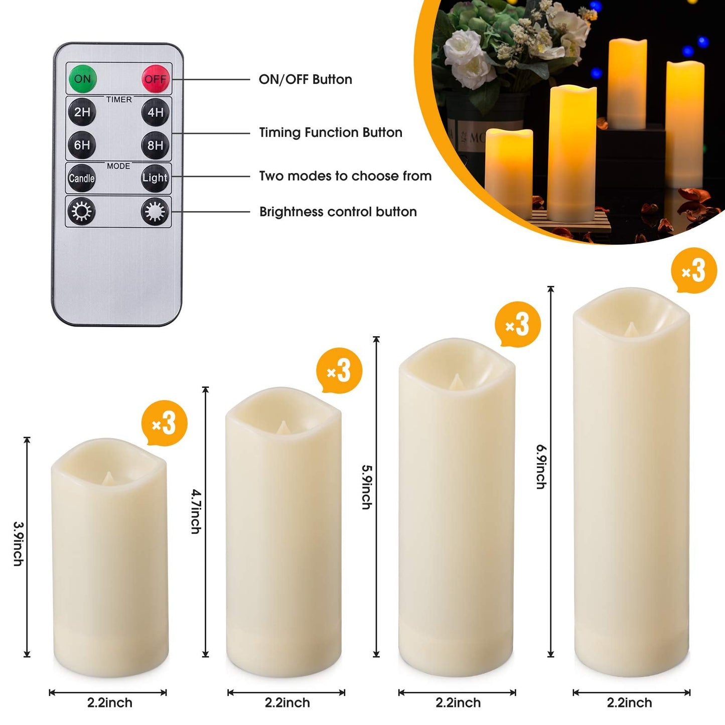 Enpornk Waterproof Flickering Flameless Candles, Set of 12 Battery Operated Candles (D2.2'' x H4''5''6''7"), Outdoor Indoor Candles with 10-Key Timer Remote, Long Lasting