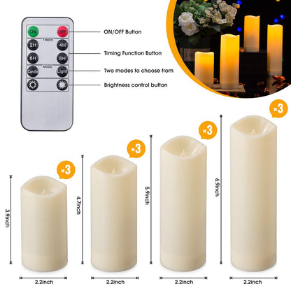 Enpornk Waterproof Flickering Flameless Candles, Set of 12 Battery Operated Candles (D2.2'' x H4''5''6''7"), Outdoor Indoor Candles with 10-Key Timer Remote, Long Lasting