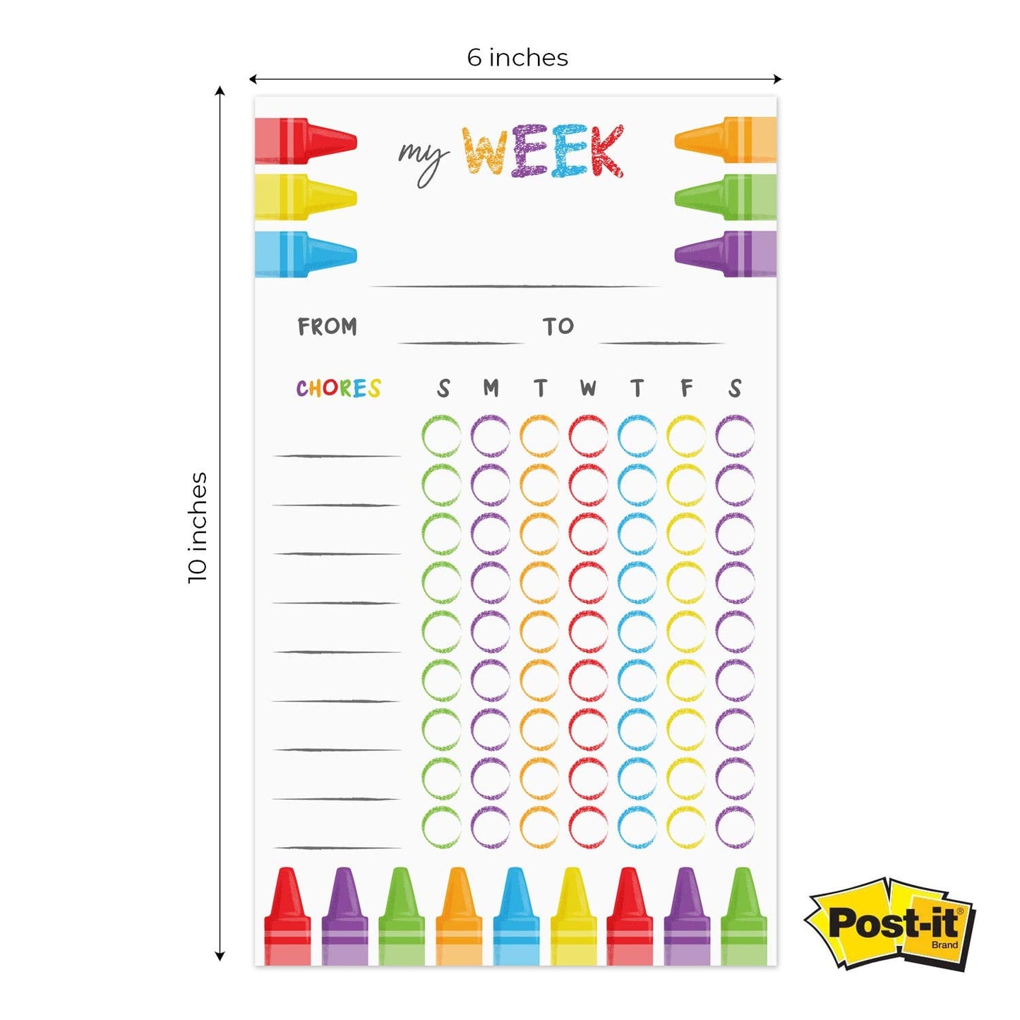 Cheerful Crayon Design Weekly Chore Chart / 6" x 10" Sticky Note Fill in Task List/Fun Week Assignment List