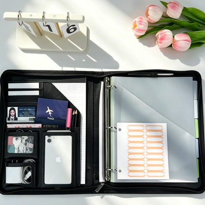 KLLVE Clipboard with Storage for Men Women, Leather Padfolio Portfolio with Zipper, 1 Inch 3 Ring Binder 5 Dividers, Notepad for Letter Size, Elastic Closure and Pen Loop, Card Slot Black