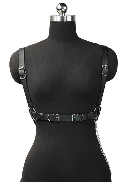 WARANDOD Women Adjustable Leather Harness Belt with Detachable Chain, Faux Leather Body Harness with Alloy Buckles for Gothic Punk Festival Outfit(Waist 26.8-38.2in)