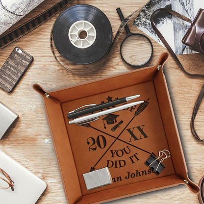 Bella Busta-Personalize Graduation Keepsake for Her, Him, Friends and Family- High School, College,University- Congratulations-Engraved Leather Valet Tray (Rawhide)